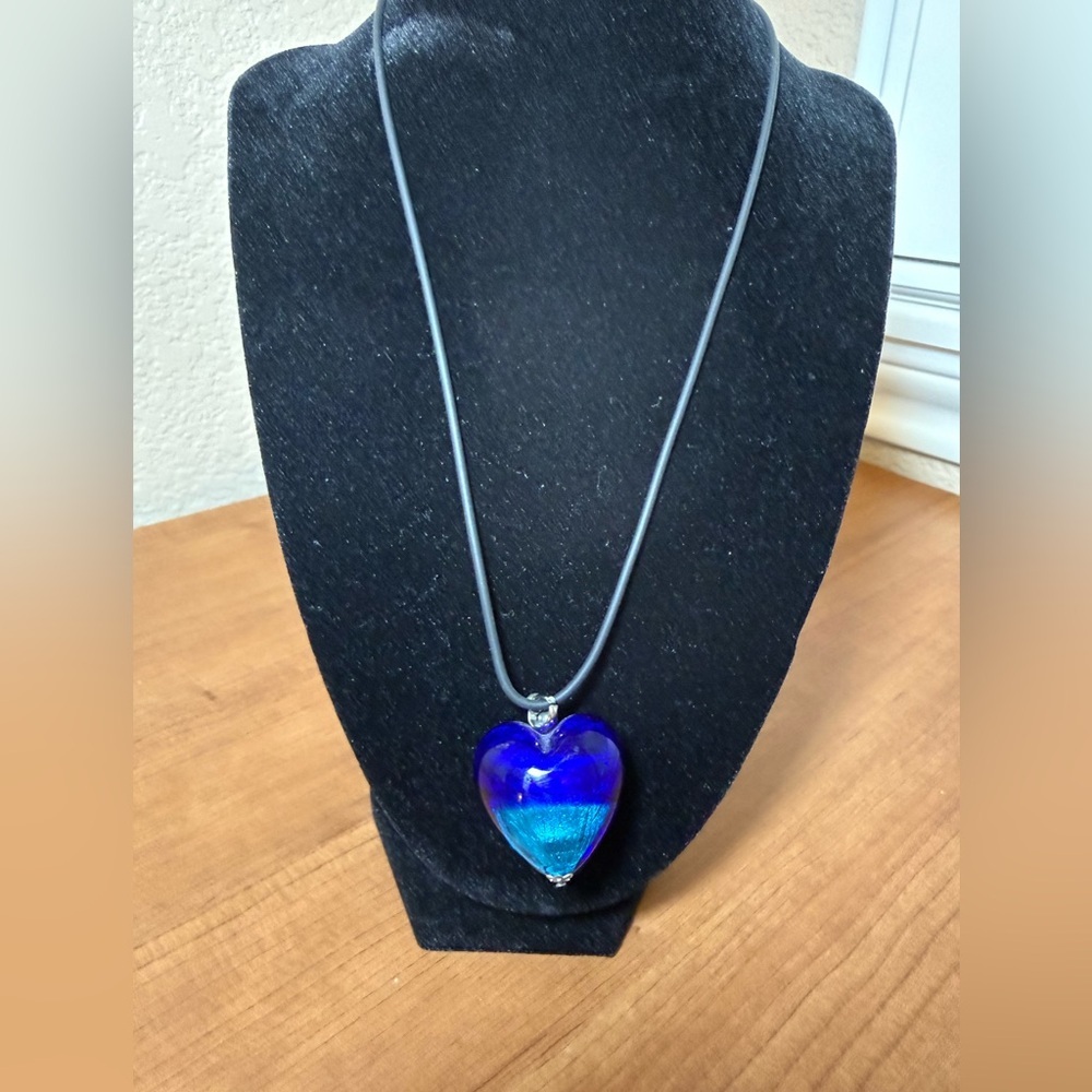 Murano Glass Blue Heart Pendant Necklace Italy